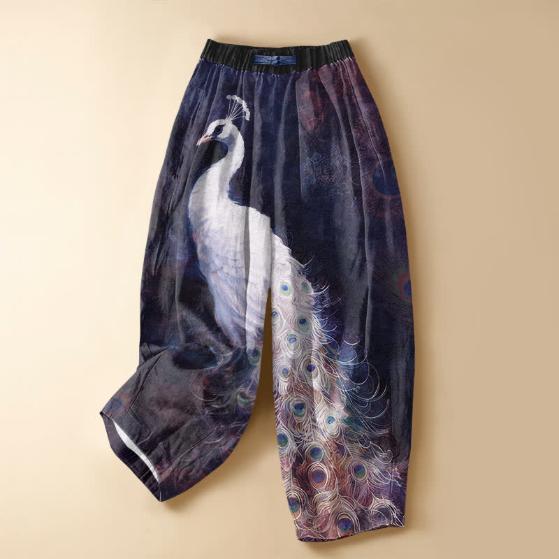 Buddha Stones Pantaloni harem da donna in puro cotone bianco con motivo pavone e bottoni a rana, vita elasticizzata e tasche. - Indaco - US16, UK/AU20, EU48 (3XL) - image 7