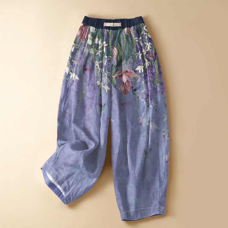 Buddha Stones Pantaloni harem da donna in puro cotone con motivo floreale ad acquerello e colibrì, bottoni a rana e vita elasticizzata con tasche. - Blu ardesia medio - US16, UK/AU20, EU48 (3XL) - image 0