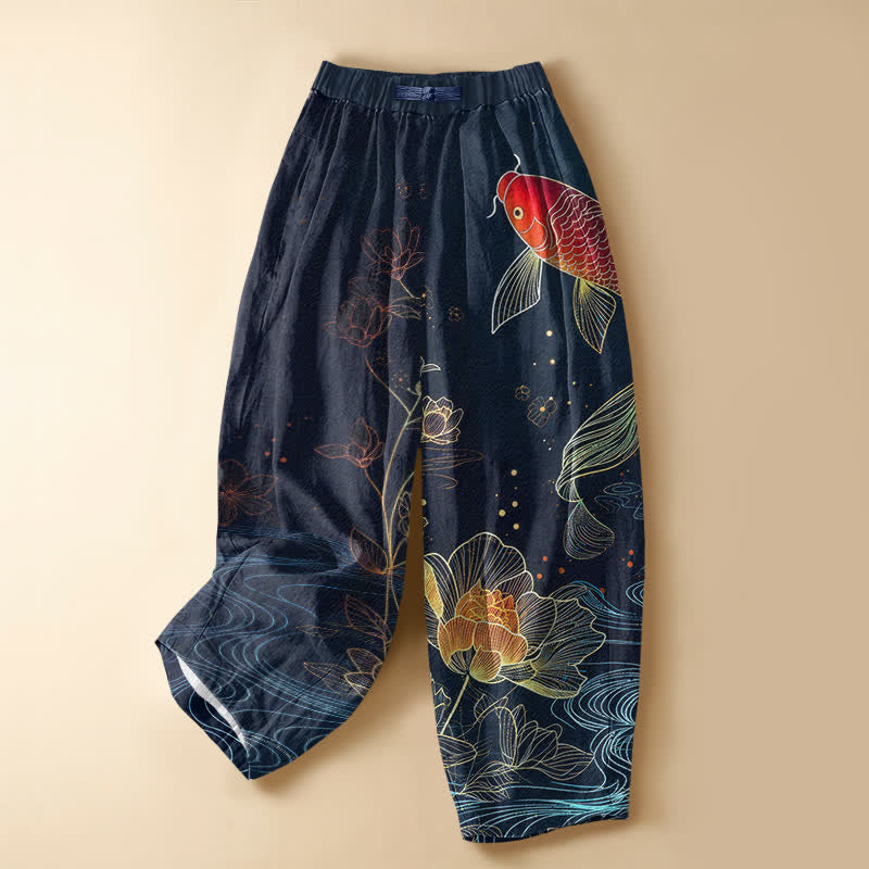 Buddha Stones Pantaloni harem da donna in puro cotone, stile vintage, con motivo a carpe koi rosse, loto, bottoni a rana e vita elasticizzata, con tasche. - Marina - US16, UK/AU20, EU48 (3XL) - image 0