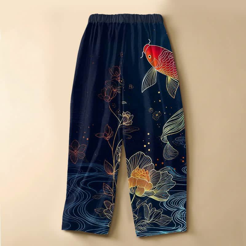 Buddha Stones Pantaloni harem da donna in puro cotone, stile vintage, con motivo a carpe koi rosse, loto, bottoni a rana e vita elasticizzata, con tasche. - image 1