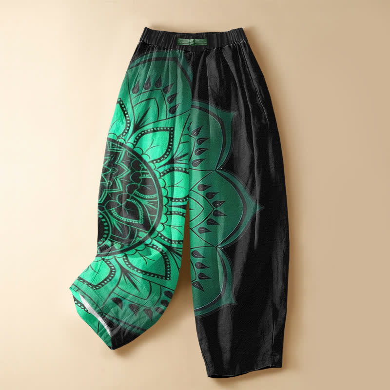 Buddha Stones Pantaloni harem da donna in puro cotone, stile bohémien, con motivo floreale mandala, bottoni a rana e vita elasticizzata, con tasche. - Nero - US16, UK/AU20, EU48 (3XL) - image 0