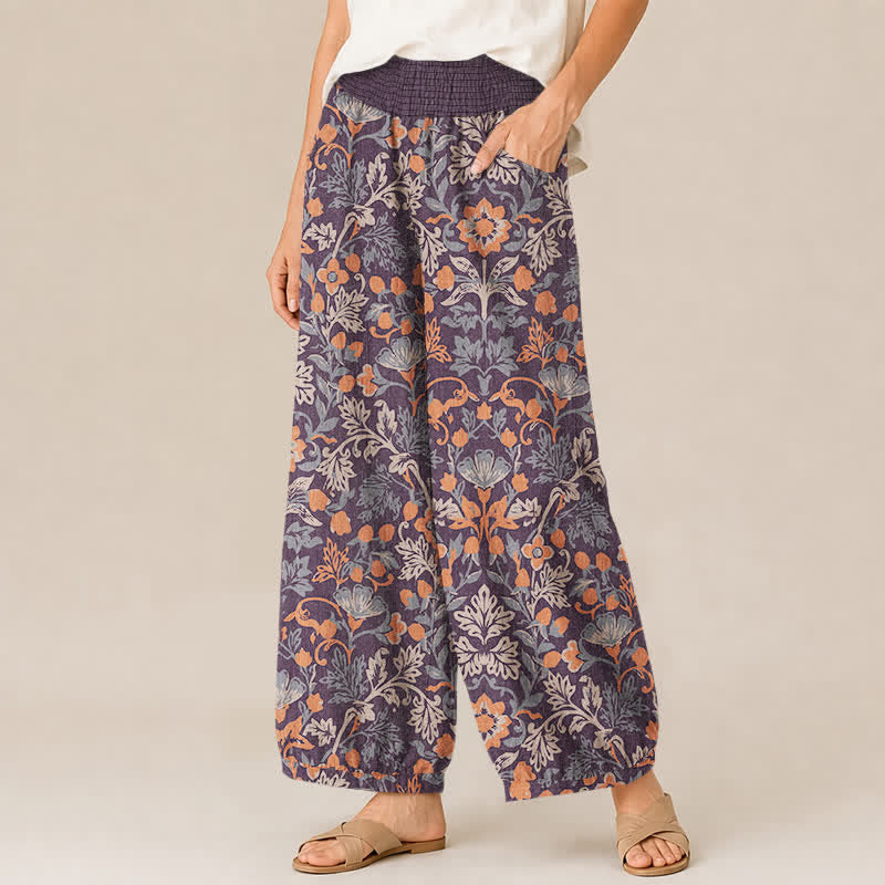 Buddha Stones Pantaloni harem da donna in cotone con motivo floreale a pieghe e vita elasticizzata, con tasche. - image 1