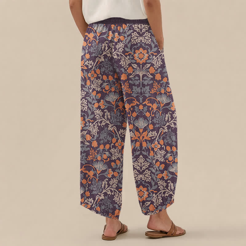 Buddha Stones Pantaloni harem da donna in cotone con motivo floreale a pieghe e vita elasticizzata, con tasche. - image 2