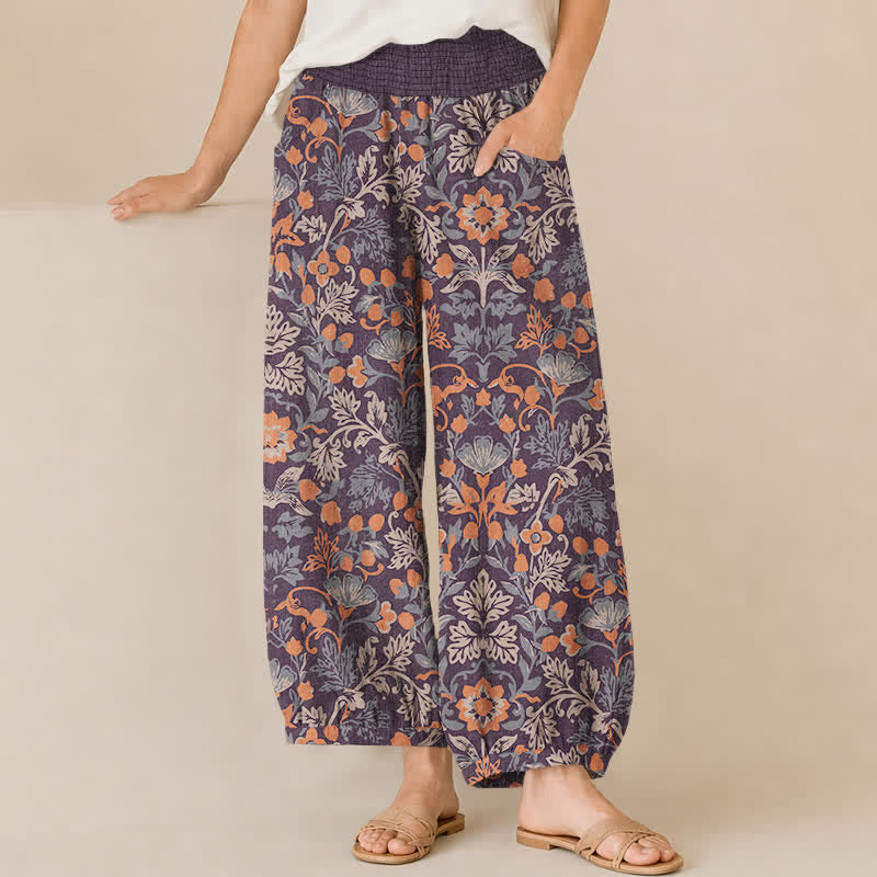 Buddha Stones Pantaloni harem da donna in cotone con motivo floreale a pieghe e vita elasticizzata, con tasche. - Marrone sella - US16, UK/AU20, EU48 (3XL) - image 0