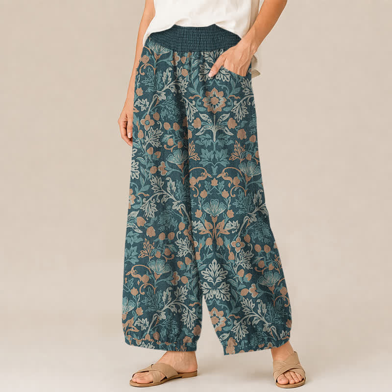 Buddha Stones Pantaloni harem da donna in cotone con motivo floreale a pieghe e vita elasticizzata, con tasche. - image 7