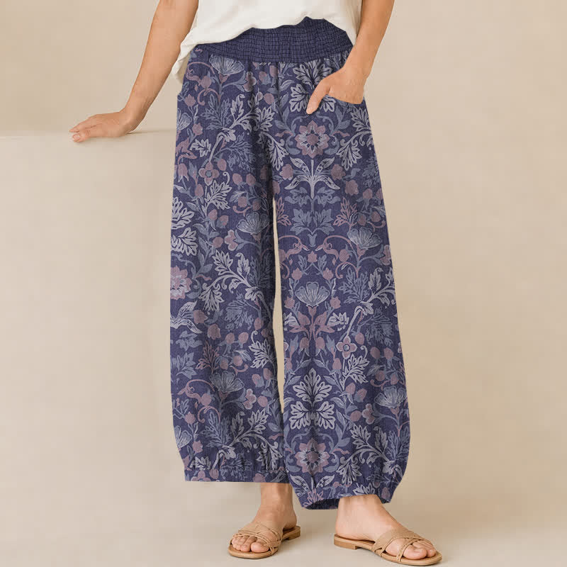 Buddha Stones Pantaloni harem da donna in cotone con motivo floreale a pieghe e vita elasticizzata, con tasche. - Viola medio - US16, UK/AU20, EU48 (3XL) - image 10