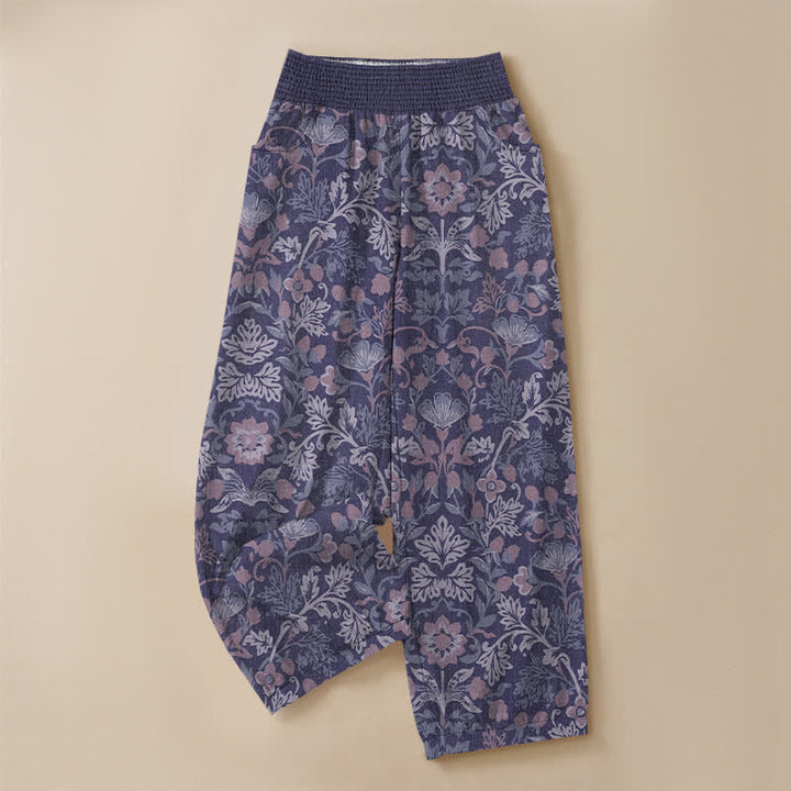 Buddha Stones Pantaloni harem da donna in cotone con motivo floreale a pieghe e vita elasticizzata, con tasche. - image 13