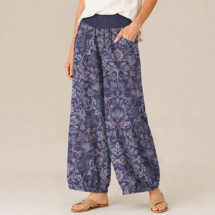 Buddha Stones Pantaloni harem da donna in cotone con motivo floreale a pieghe e vita elasticizzata, con tasche. - image 11