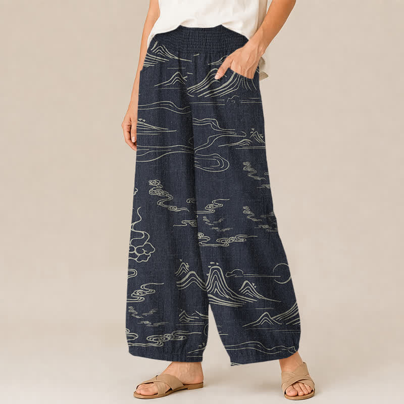Buddha Stones Pantaloni harem da donna in cotone con motivo montagne, luna e nuvole propiziatorie, vita elasticizzata e pieghe, con tasche. - image 1