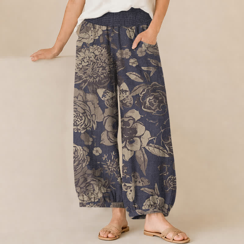 Buddha Stones Pantaloni harem da donna in cotone vintage con motivo floreale di peonia e foglie, plissettati e vita elasticizzata, con tasche. - Blu ardesia scuro - US16, UK/AU20, EU48 (3XL) - image 0