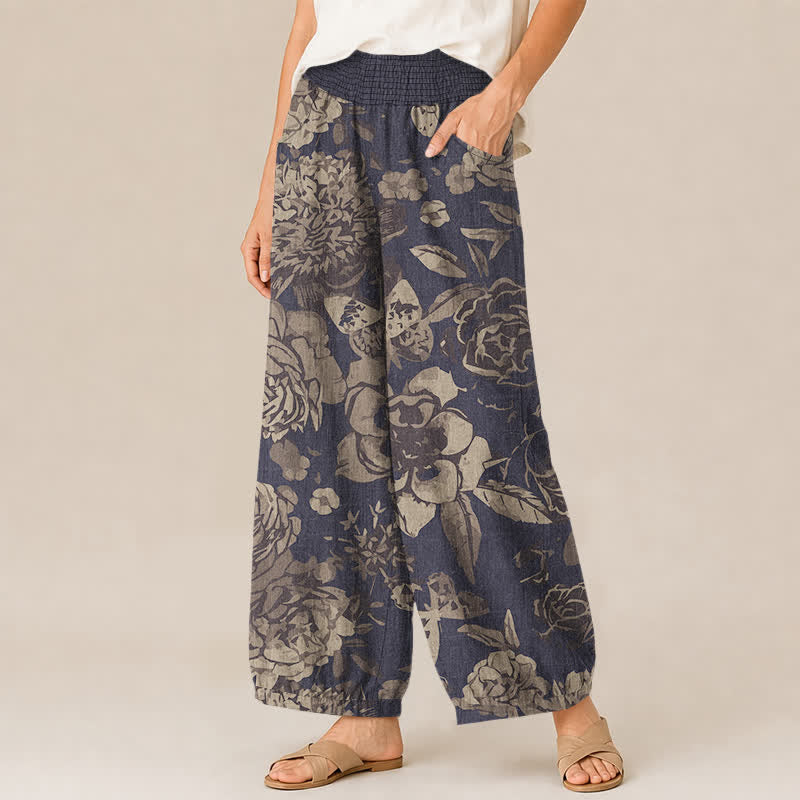 Buddha Stones Pantaloni harem da donna in cotone vintage con motivo floreale di peonia e foglie, plissettati e vita elasticizzata, con tasche. - image 1