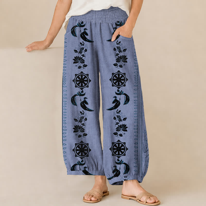 Buddha Stones Pantaloni harem da donna in cotone con motivo ruota del Dharma e loto OM, plissettati, con elastico in vita e tasche. - Blu fiordaliso - US16, UK/AU20, EU48 (3XL) - image 0