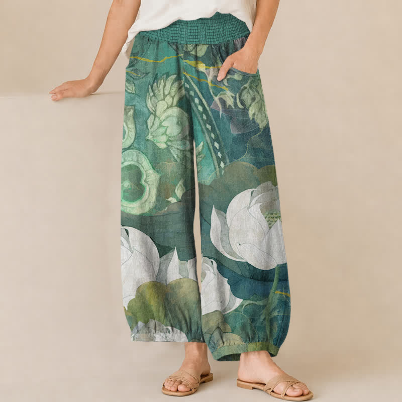 Buddha Stones Pantaloni harem da donna in cotone bianco con motivo a fiori di loto, plissettati e vita elasticizzata, con tasche. - Verde mare medio - US16, UK/AU20, EU48 (3XL) - image 0