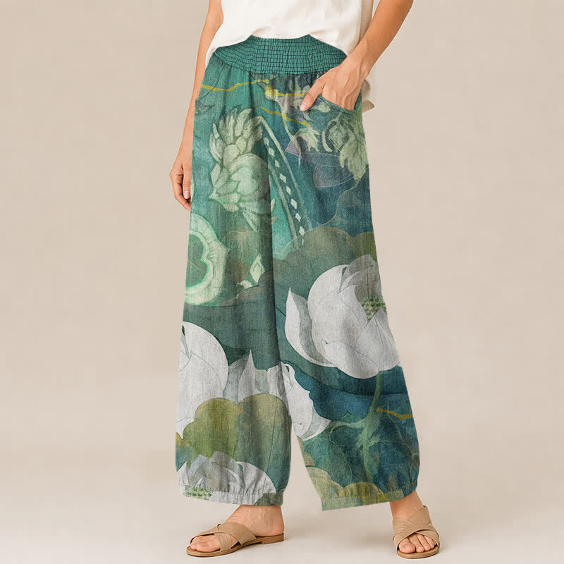 Buddha Stones Pantaloni harem da donna in cotone bianco con motivo a fiori di loto, plissettati e vita elasticizzata, con tasche. - image 1