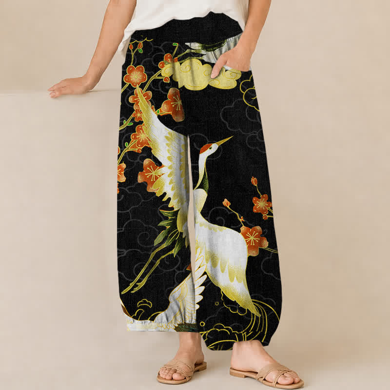 Buddha Stones Pantaloni harem da donna in cotone con motivo floreale orientale a gru, plissettati e vita elasticizzata, con tasche. - Nero - US16, UK/AU20, EU48 (3XL) - image 0