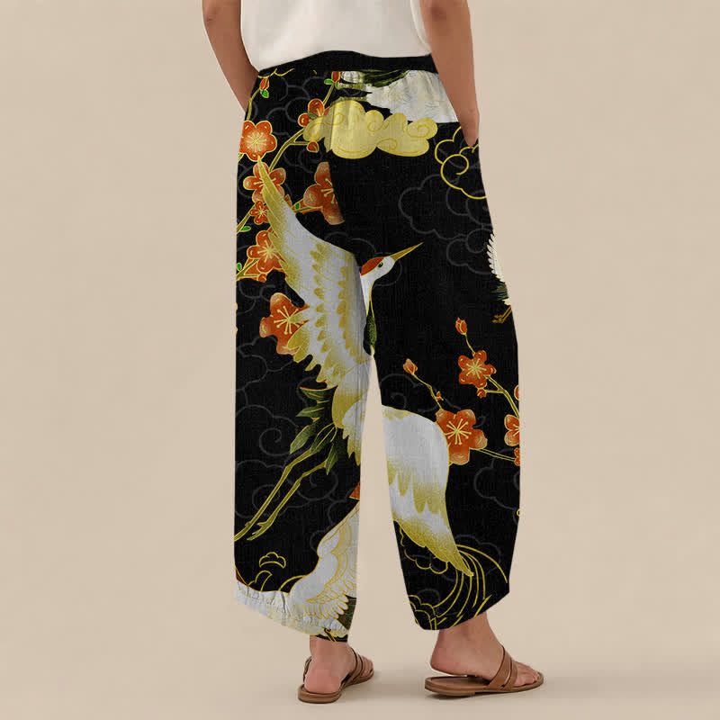 Buddha Stones Pantaloni harem da donna in cotone con motivo floreale orientale a gru, plissettati e vita elasticizzata, con tasche. - image 2