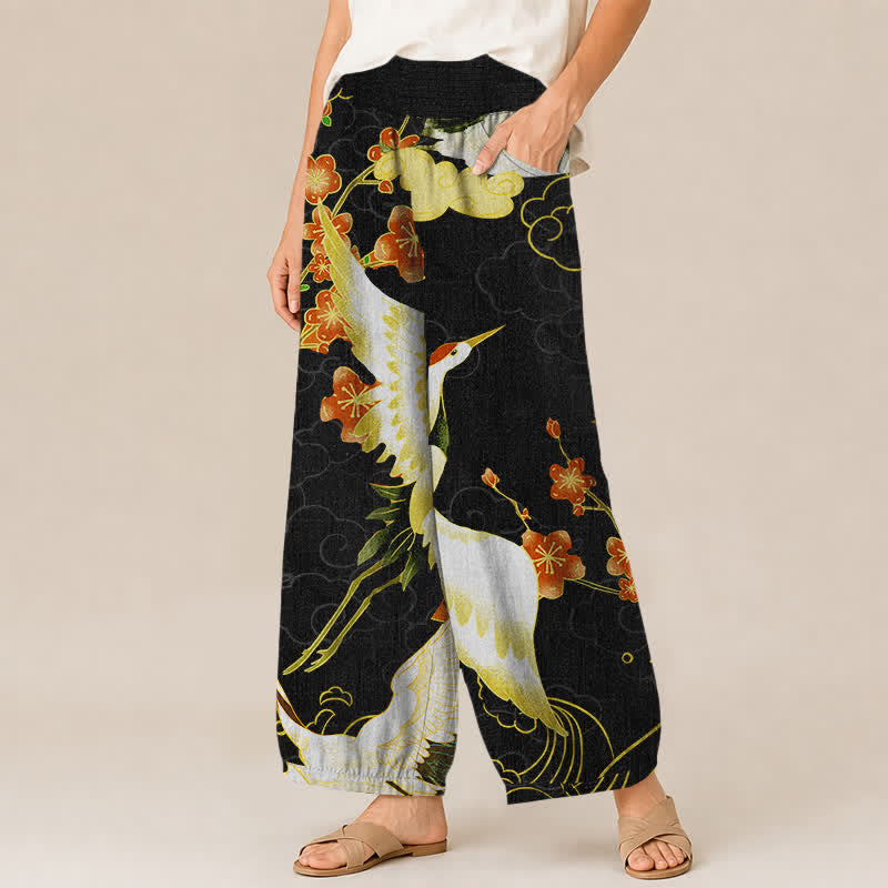 Buddha Stones Pantaloni harem da donna in cotone con motivo floreale orientale a gru, plissettati e vita elasticizzata, con tasche. - image 1