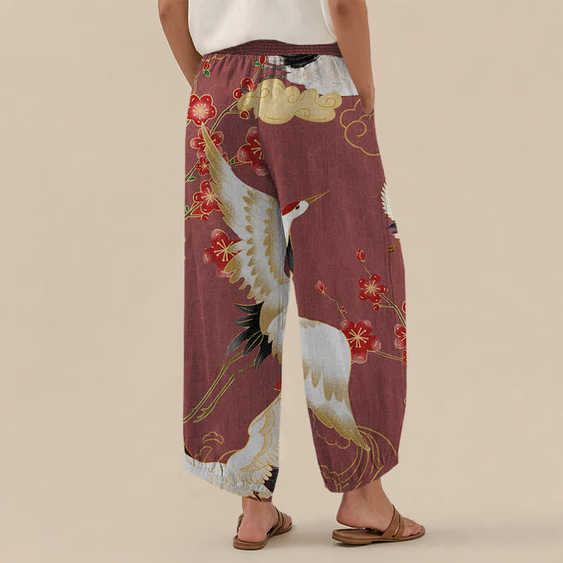 Buddha Stones Pantaloni harem da donna in cotone con motivo floreale orientale a gru, plissettati e vita elasticizzata, con tasche. - image 8