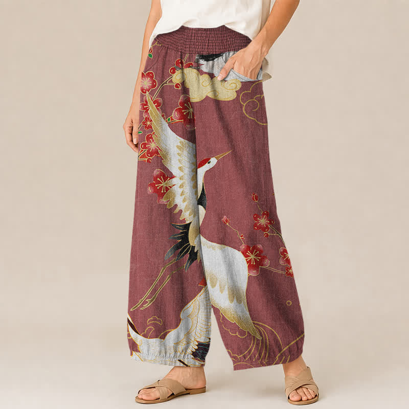 Buddha Stones Pantaloni harem da donna in cotone con motivo floreale orientale a gru, plissettati e vita elasticizzata, con tasche. - image 7