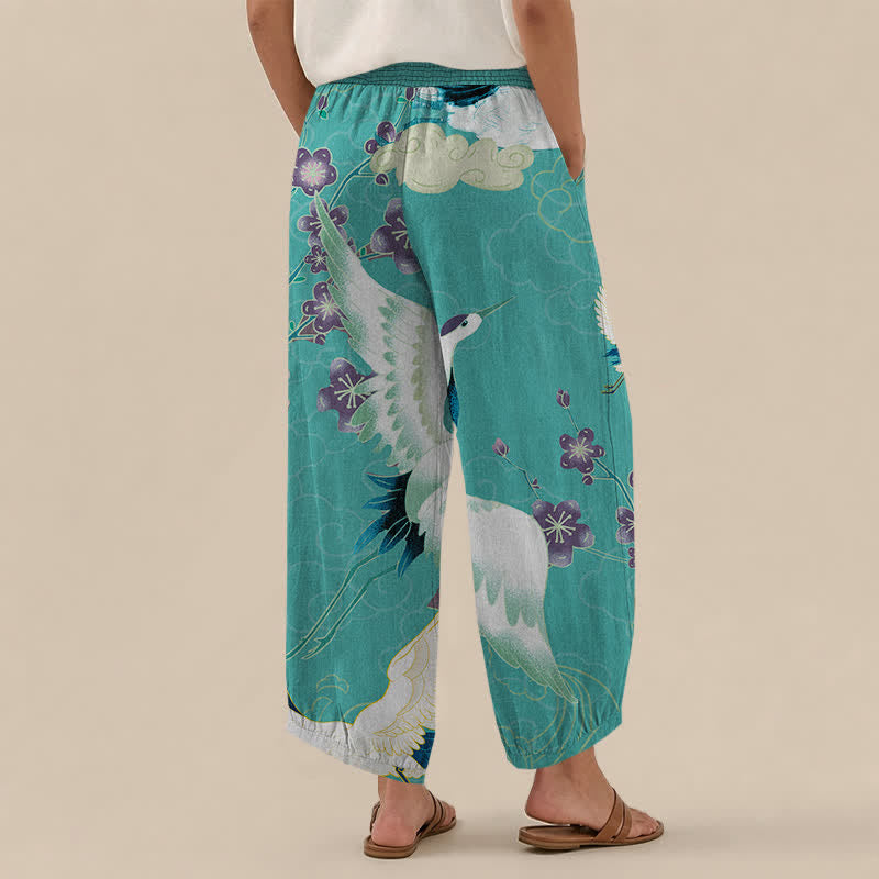 Buddha Stones Pantaloni harem da donna in cotone con motivo floreale orientale a gru, plissettati e vita elasticizzata, con tasche. - image 12