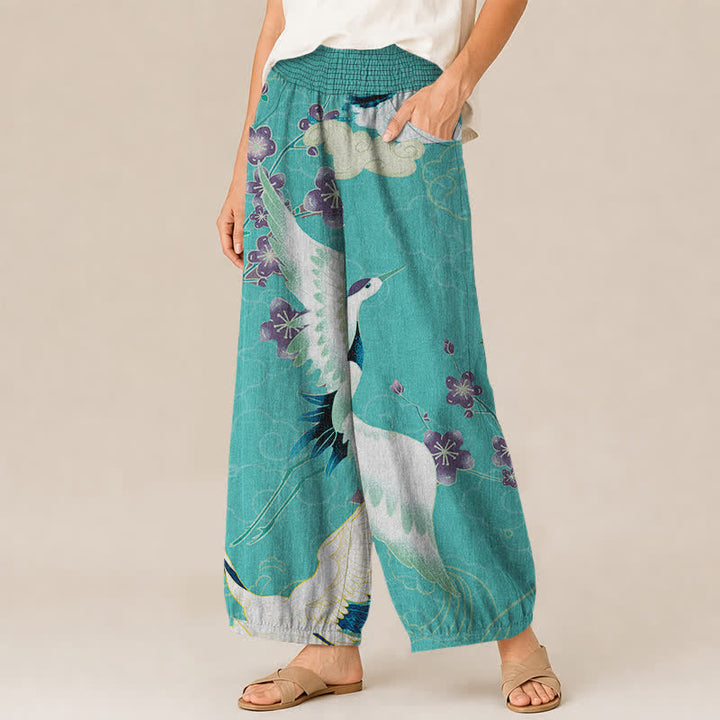 Buddha Stones Pantaloni harem da donna in cotone con motivo floreale orientale a gru, plissettati e vita elasticizzata, con tasche. - image 11