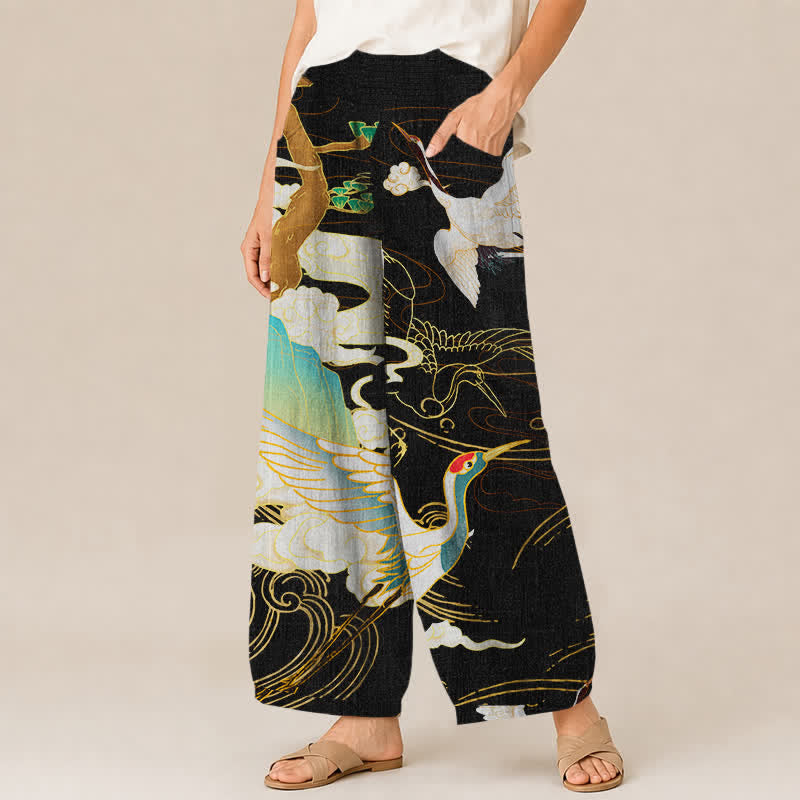 Buddha Stones Pantaloni harem da donna in cotone con motivo a gru volanti orientali e nuvole, plissettati e vita elasticizzata, con tasche. - image 1