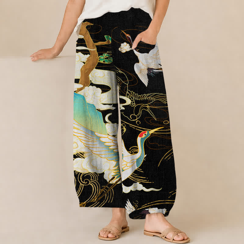 Buddha Stones Pantaloni harem da donna in cotone con motivo a gru volanti orientali e nuvole, plissettati e vita elasticizzata, con tasche. - Nero - US16, UK/AU20, EU48 (3XL) - image 0