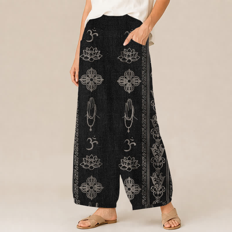 Buddha Stones Pantaloni harem da donna in cotone con pieghe e vita elasticizzata, motivo a doppio Dorje Vajra Namaste Om, con tasche. - image 1