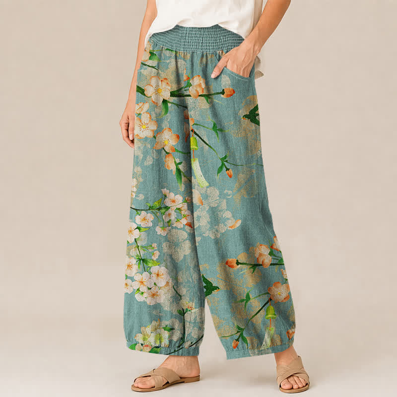 Buddha Stones Pantaloni harem da donna in cotone con motivo a fiori di ciliegio, plissettati e vita elasticizzata, con tasche. - image 1