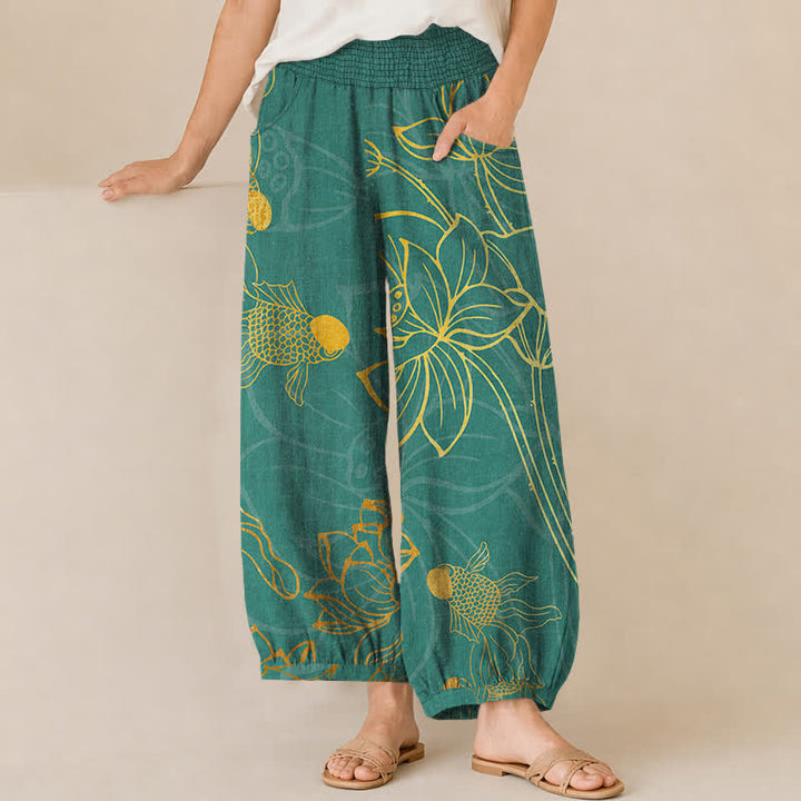 Buddha Stones Pantaloni harem da donna in cotone con stampa di loto dorato e carpe koi, vita elasticizzata e pieghe, con tasche. - Verde acqua - US16, UK/AU20, EU48 (3XL) - image 0