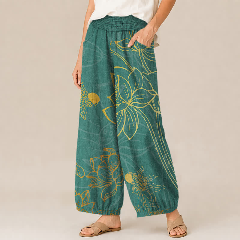 Buddha Stones Pantaloni harem da donna in cotone con stampa di loto dorato e carpe koi, vita elasticizzata e pieghe, con tasche. - image 1