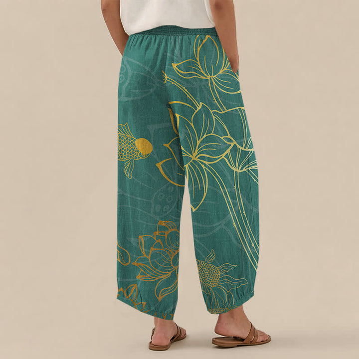 Buddha Stones Pantaloni harem da donna in cotone con stampa di loto dorato e carpe koi, vita elasticizzata e pieghe, con tasche. - image 2