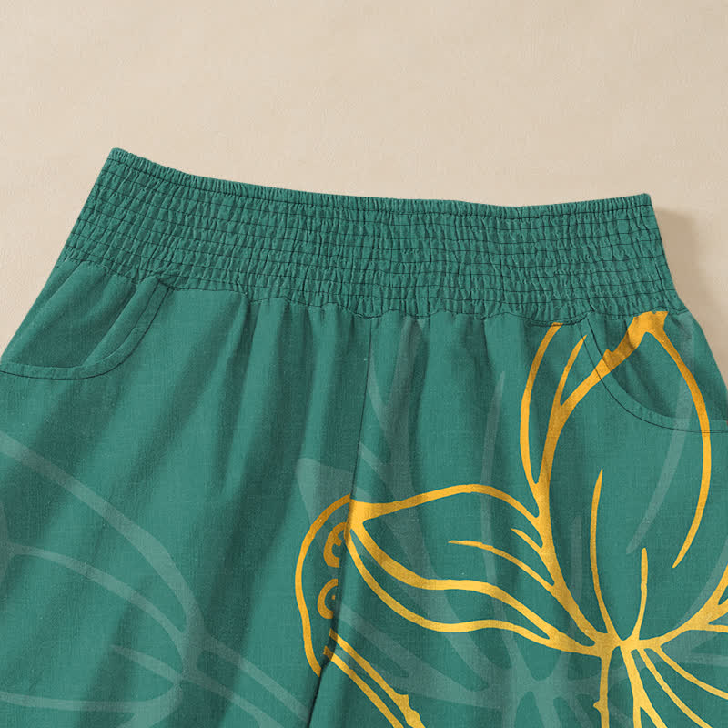Buddha Stones Pantaloni harem da donna in cotone con stampa di loto dorato e carpe koi, vita elasticizzata e pieghe, con tasche. - image 4