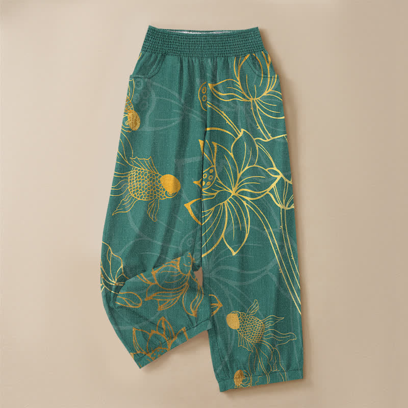 Buddha Stones Pantaloni harem da donna in cotone con stampa di loto dorato e carpe koi, vita elasticizzata e pieghe, con tasche. - image 3