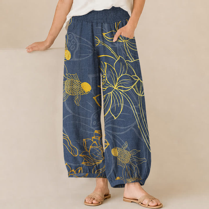 Buddha Stones Pantaloni harem da donna in cotone con stampa di loto dorato e carpe koi, vita elasticizzata e pieghe, con tasche. - SteelBlue - US16, UK/AU20, EU48 (3XL) - image 6