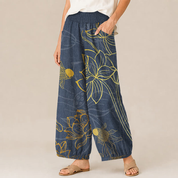 Buddha Stones Pantaloni harem da donna in cotone con stampa di loto dorato e carpe koi, vita elasticizzata e pieghe, con tasche. - image 7