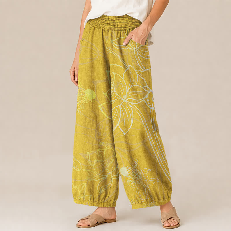 Buddha Stones Pantaloni harem da donna in cotone con stampa di loto dorato e carpe koi, vita elasticizzata e pieghe, con tasche. - image 11