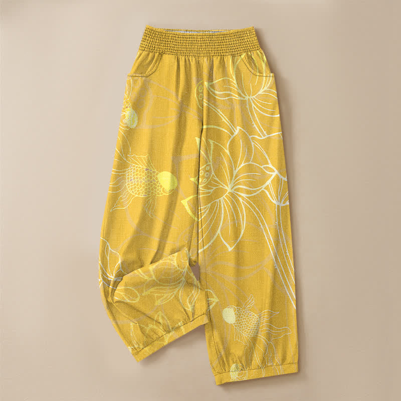 Buddha Stones Pantaloni harem da donna in cotone con stampa di loto dorato e carpe koi, vita elasticizzata e pieghe, con tasche. - image 13