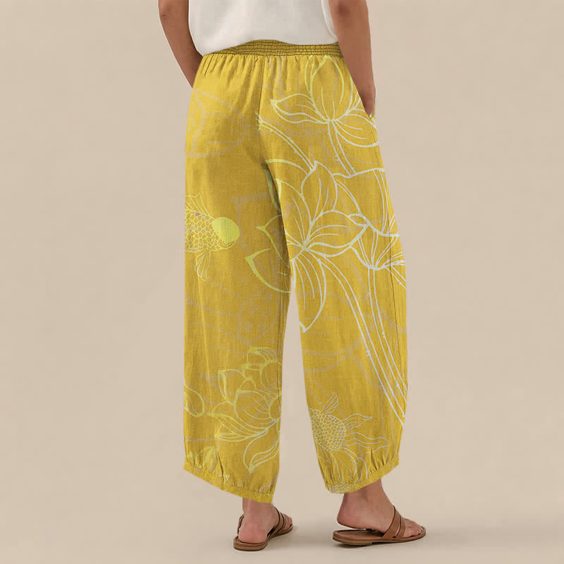Buddha Stones Pantaloni harem da donna in cotone con stampa di loto dorato e carpe koi, vita elasticizzata e pieghe, con tasche. - image 12