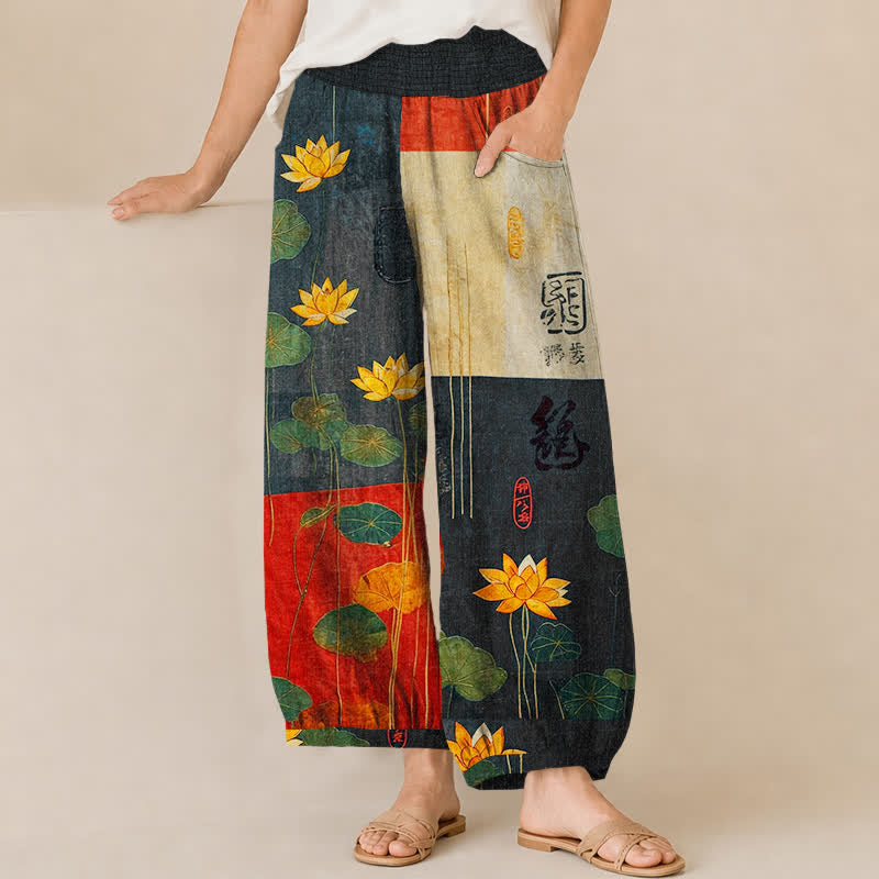 Buddha Stones Pantaloni harem da donna in cotone giallo orientale con motivo calligrafico a loto, pieghe e vita elasticizzata, con tasche. - Nero - US16, UK/AU20, EU48 (3XL) - image 0
