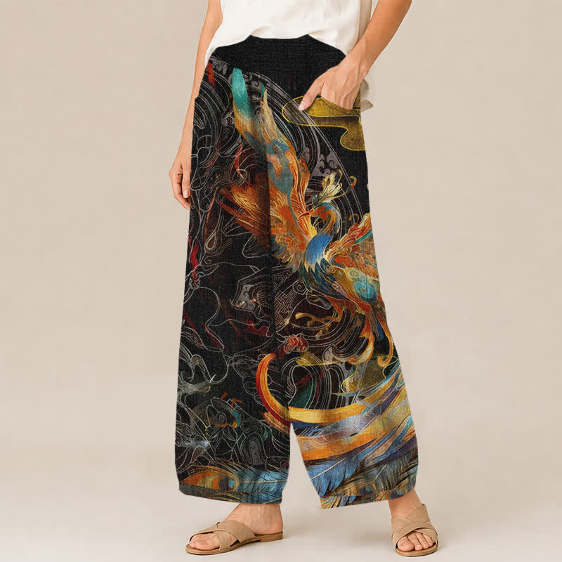 Buddha Stones Pantaloni harem da donna in cotone con motivo a piume di fenice orientale, plissettati e vita elasticizzata, con tasche. - image 1