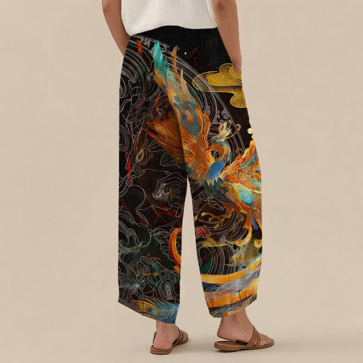 Buddha Stones Pantaloni harem da donna in cotone con motivo a piume di fenice orientale, plissettati e vita elasticizzata, con tasche. - image 2