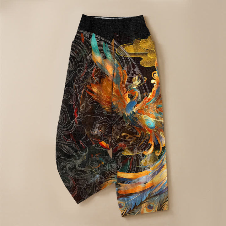 Buddha Stones Pantaloni harem da donna in cotone con motivo a piume di fenice orientale, plissettati e vita elasticizzata, con tasche. - image 3