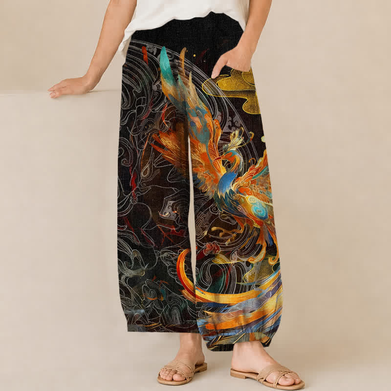Buddha Stones Pantaloni harem da donna in cotone con motivo a piume di fenice orientale, plissettati e vita elasticizzata, con tasche. - Nero - US16, UK/AU20, EU48 (3XL) - image 0