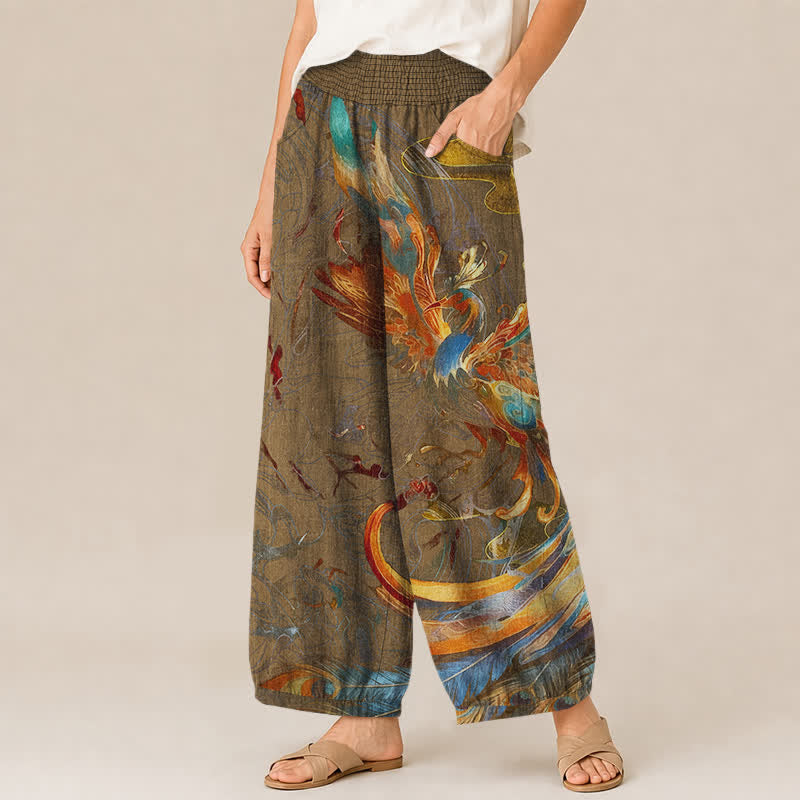Buddha Stones Pantaloni harem da donna in cotone con motivo a piume di fenice orientale, plissettati e vita elasticizzata, con tasche. - image 7