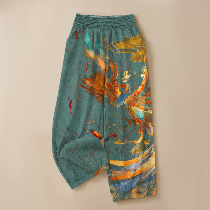 Buddha Stones Pantaloni harem da donna in cotone con motivo a piume di fenice orientale, plissettati e vita elasticizzata, con tasche. - image 13