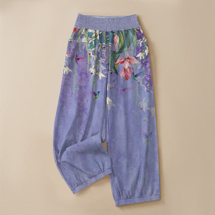 Buddha Stones Pantaloni harem da donna in cotone con motivo floreale lavanda e colibrì, vita elasticizzata e pieghe, con tasche. - image 3