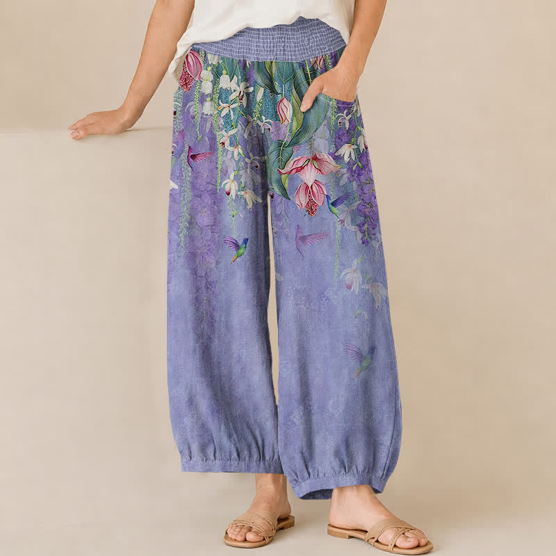 Buddha Stones Pantaloni harem da donna in cotone con motivo floreale lavanda e colibrì, vita elasticizzata e pieghe, con tasche. - Blu Ardesia Medio - US16, UK/AU20, EU48 (3XL) - image 0