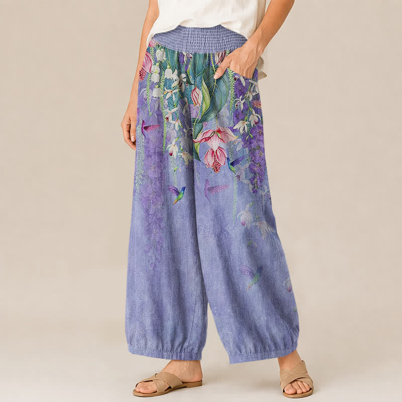 Buddha Stones Pantaloni harem da donna in cotone con motivo floreale lavanda e colibrì, vita elasticizzata e pieghe, con tasche. - image 1