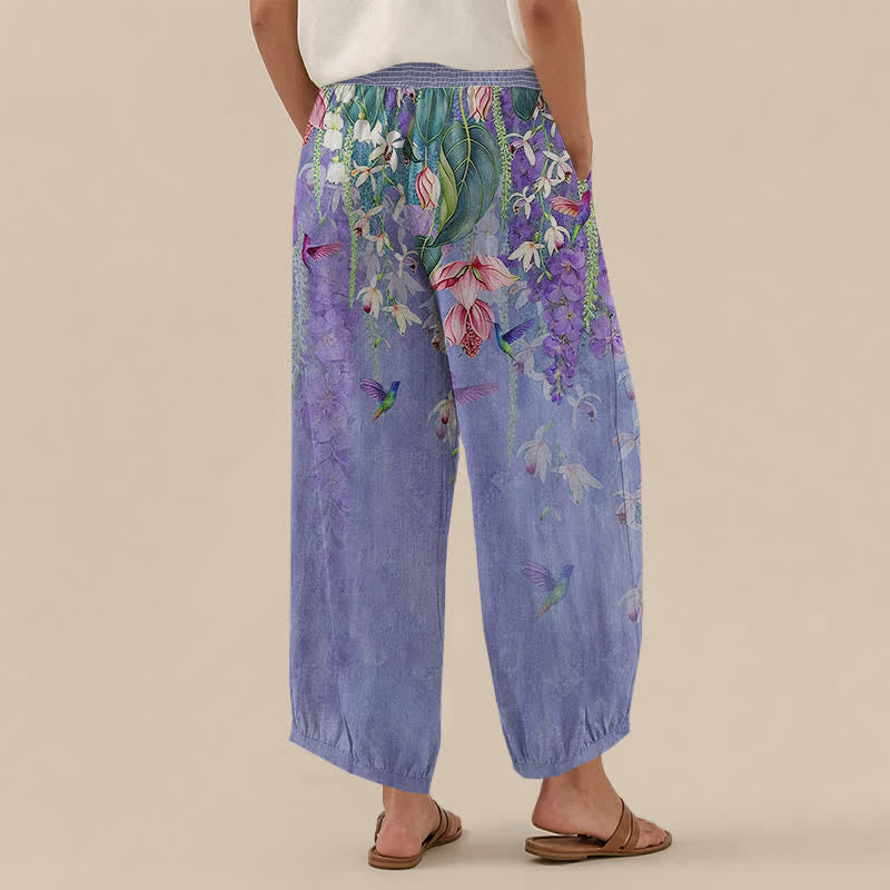 Buddha Stones Pantaloni harem da donna in cotone con motivo floreale lavanda e colibrì, vita elasticizzata e pieghe, con tasche. - image 2